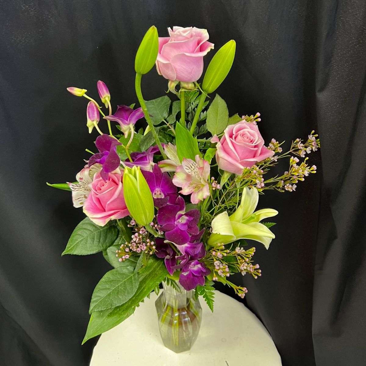 Color Roses with Lilies and Orchids – HUMMEL'S FLOWERS INC, Anchorage AK