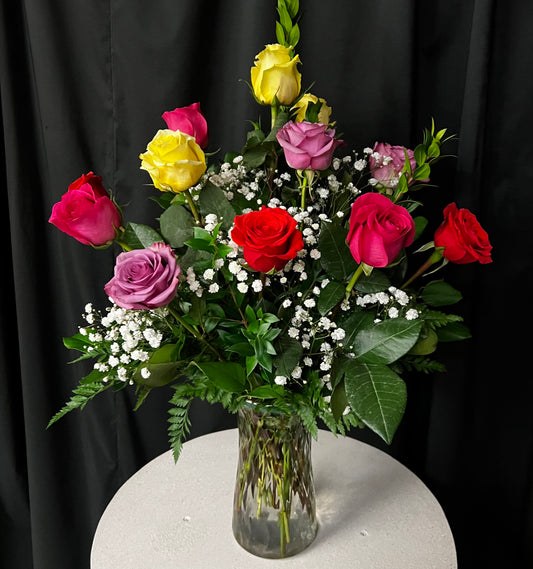 Assorted Color Dozen Roses with Red