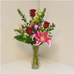 Red Roses with Lilies and Orchids